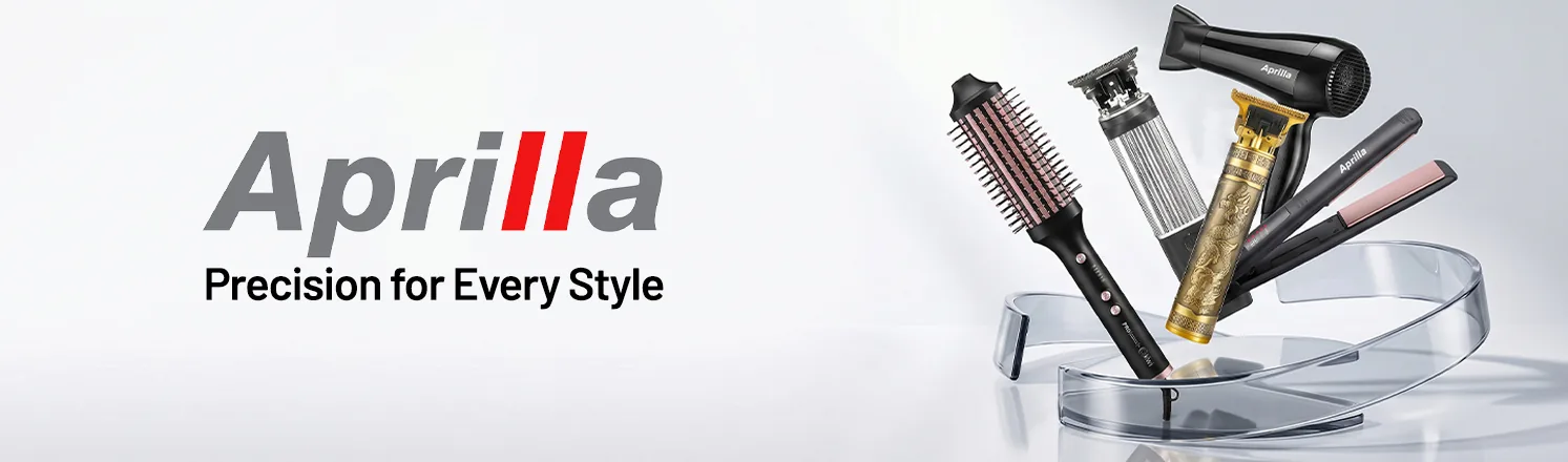 Brosse soufflante, tondeuse, sèche-cheveux et lisseur Aprilla, avec le texte « Precision for Every Style »